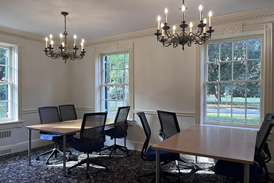 tables and chairs in a study space